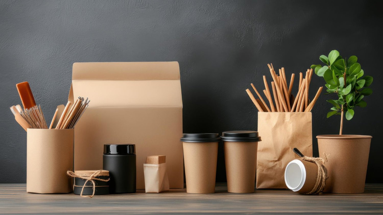 Kraft bags, cups, and straws styled on a dark backdrop