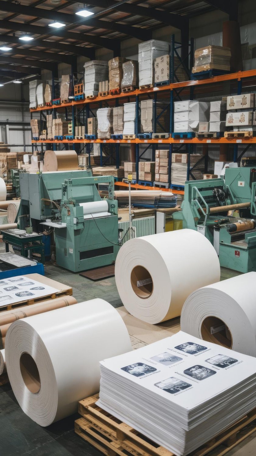 Warehouse racks stocked with paper roll inventory
