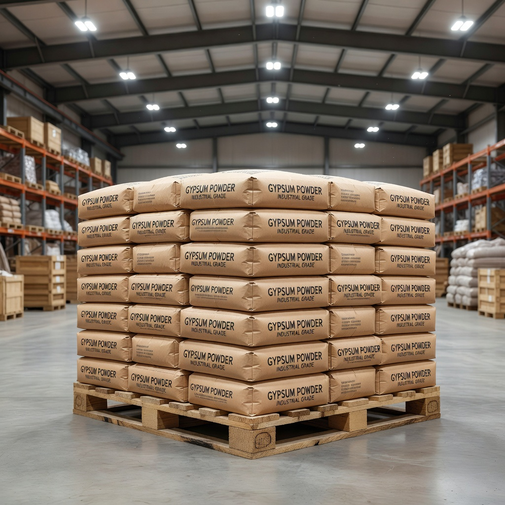 Stacked gypsum industrial paper bags in a warehouse