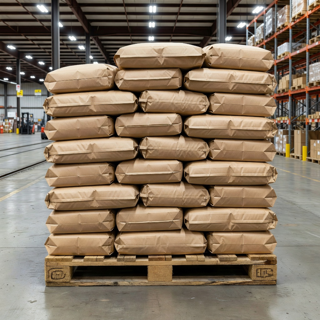 Pallet of stacked multiwall heavy-duty paper bags in a warehouse