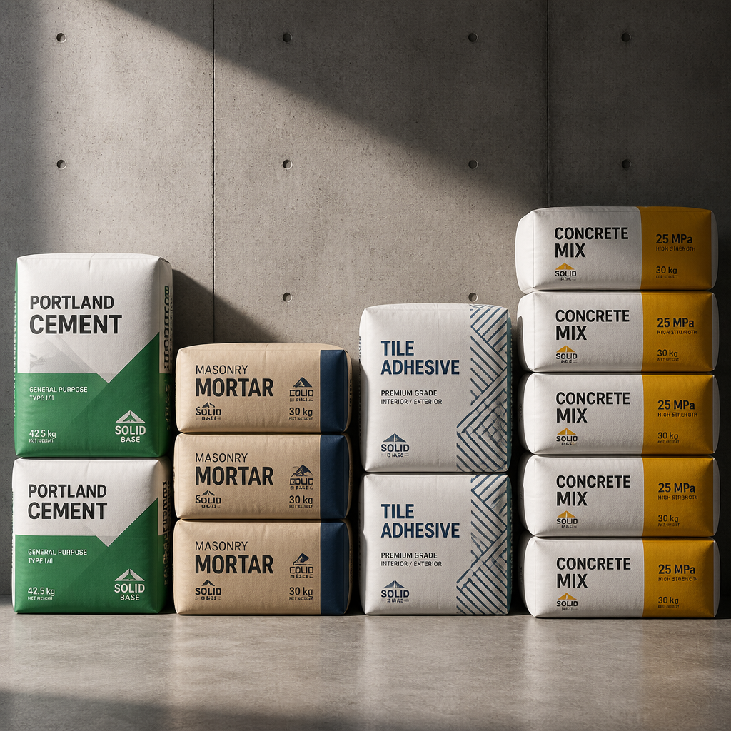 Stacked building material bags: cement, mortar, tile adhesive, and concrete mix