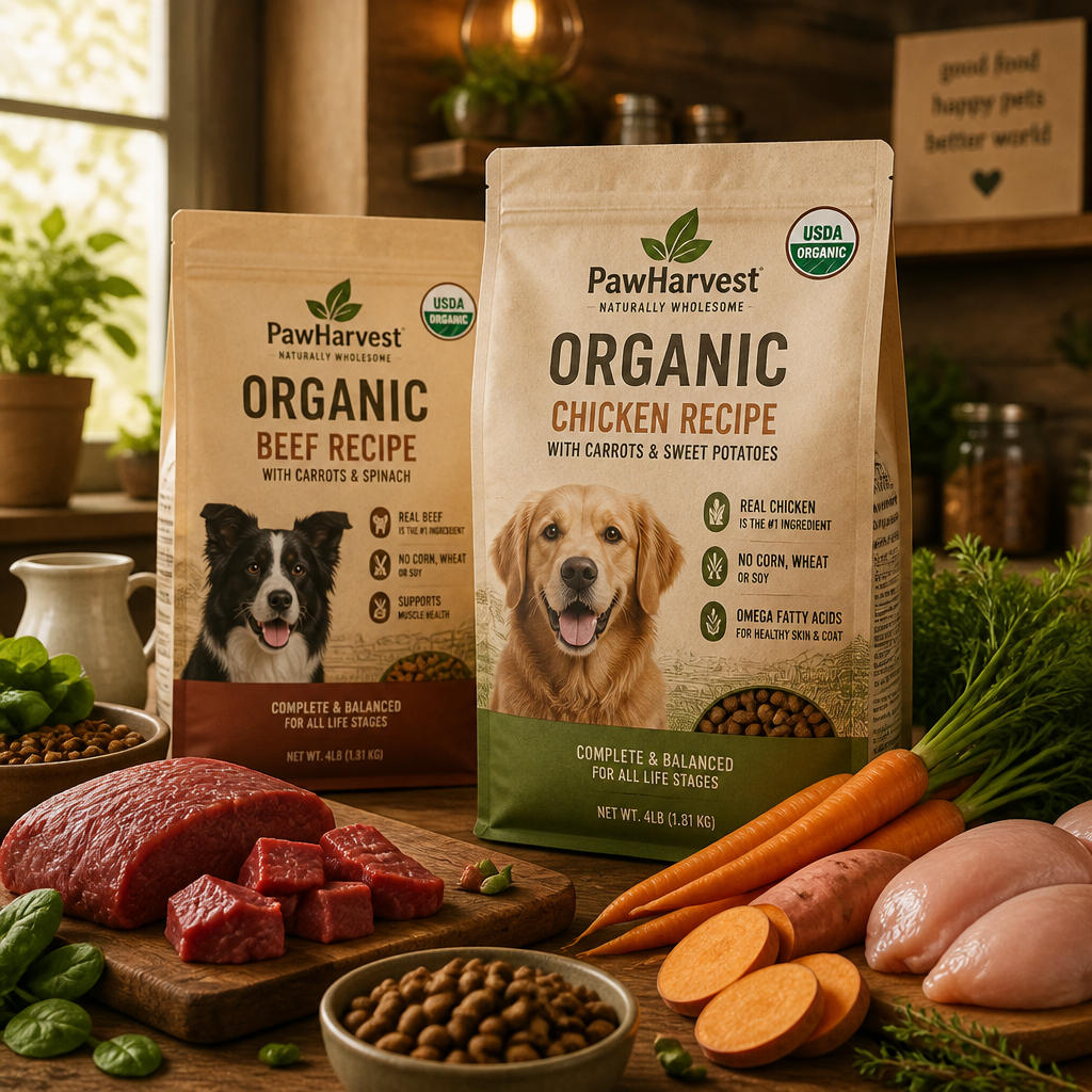 Printed pet food bags styled with fresh ingredients