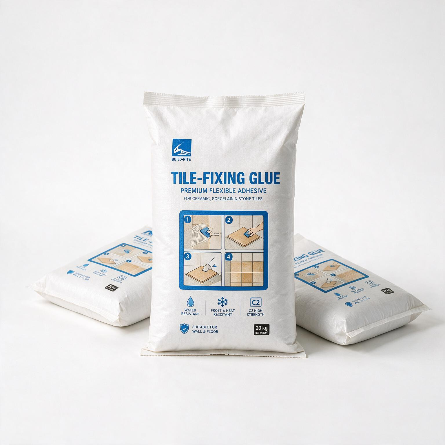 Tile adhesive bags displayed with usage instructions printed on the pack