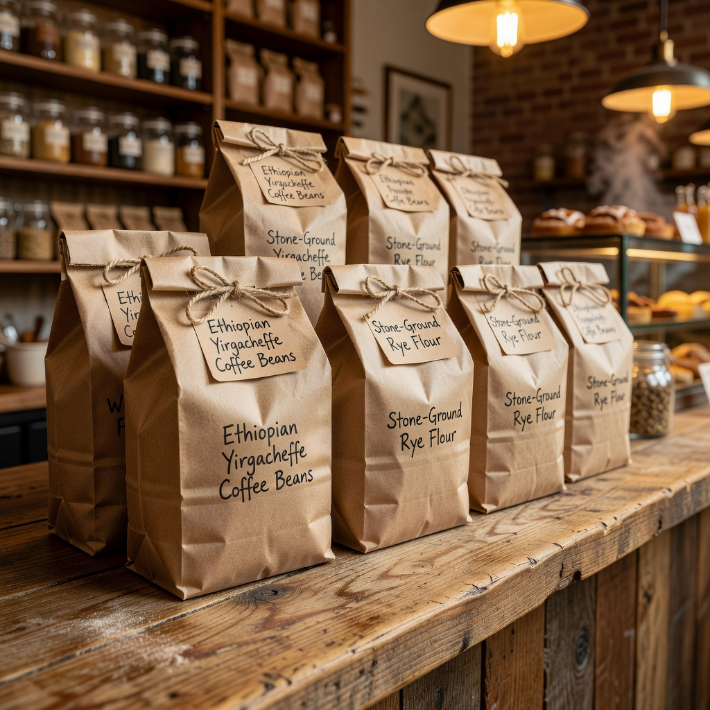 Kraft paper bags of specialty dry goods on a counter